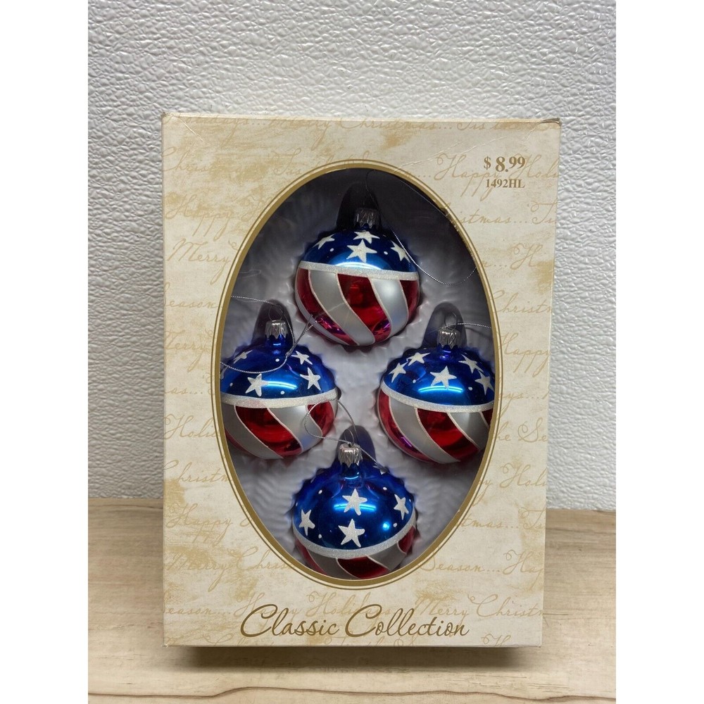 2004 Hand Blown Glass American National Flag Chrismas Tree Ornaments Set Of 4